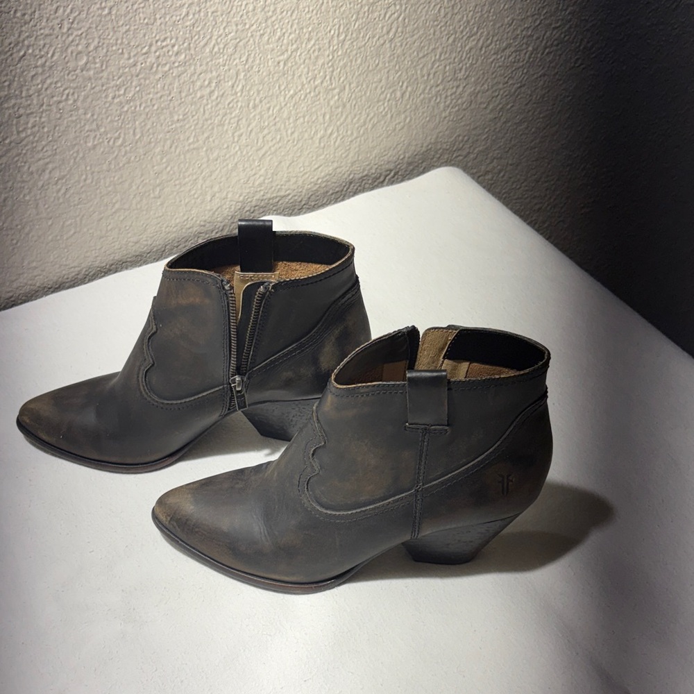 Frye Distressed Black Leather Pointed Ankle Booties - Picture 2 of 5